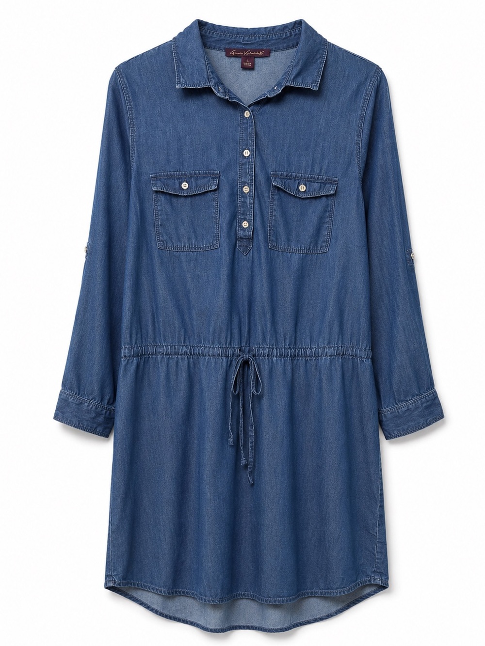 GLORIA VANDERBILT Chambray Shirt Dress Size M Denim Drawstring Waist